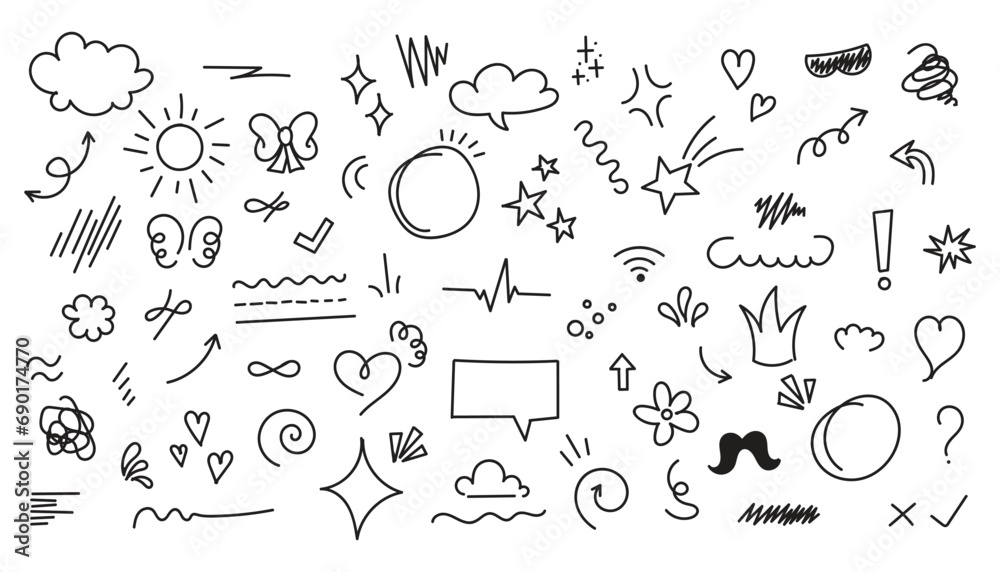 Set of cute pen line doodle element vector. Hand drawn doodle style collection of heart, arrows, scribble, speech bubble, star. Cute isolated collection for office - obrazy, fototapety, plakaty 