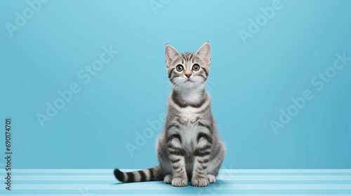  Studio shot of a gray and white striped cat sitting on blue background  © Ammar