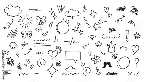 Set of cute pen line doodle element vector. Hand drawn doodle style collection of heart, arrows, scribble, speech bubble, star. Cute isolated collection for office photo