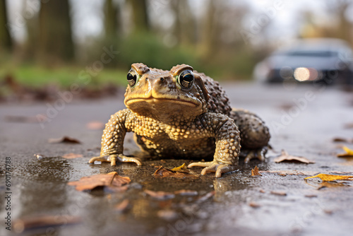 Close up of toad sitting on road with approaching car in background © Firn