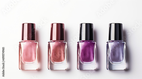 Four bottles of nail polish isolated on white background photo