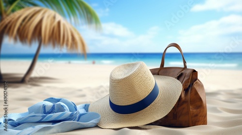  Summer Bag On Tropical Sand - Beach Vacation - Accessories Hat Towel And Flip Flops With Leaves Palm And Blue Sea 