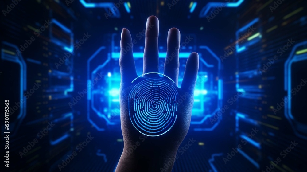 Thumbs up with virtual fingerprint to scan biometric identity and