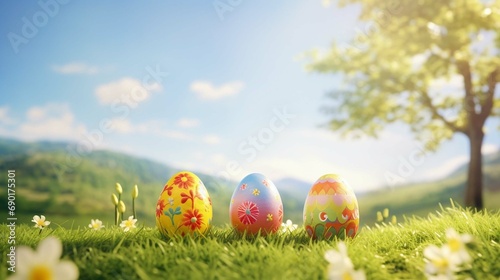  Three painted easter eggs celebrating a Happy Easter on a spring day with a green grass meadow, bright sunlight, tree leaves and a background with copy space and a wooden bench to display products