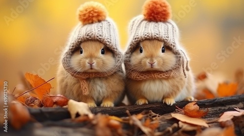 Two little funny rabbits dressed in woolen knitted hats in autumn