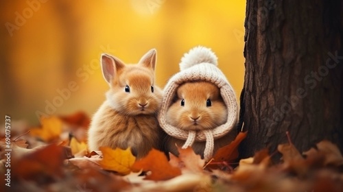 Two little funny rabbits dressed in woolen knitted hats in autumn
