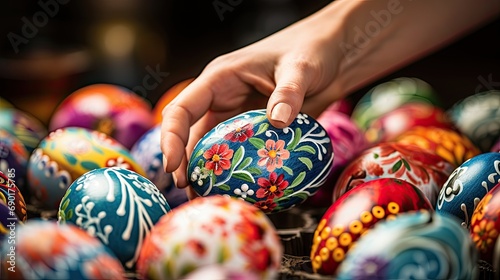 Close-up of a hand selecting a beautifully decorated Easter egg from a collection of colorful eggs with intricate patterns. photo