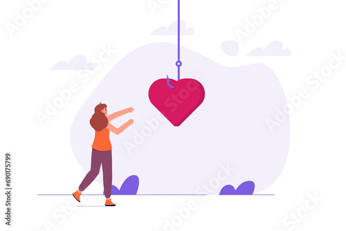 Love and romance victim, heart as bait, dangerous risky relationships concept. Vector illustration.