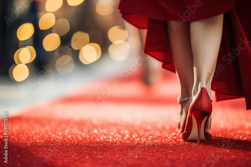 elegant woman walk on red carpet close up photo
