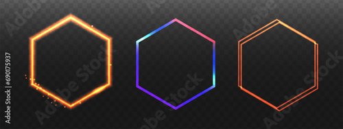 Neon neon hexagon frames. Set Vector element for design.