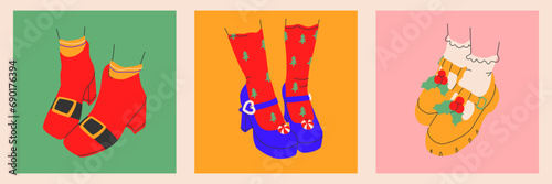 Collection of womens Christmas and New Year costume shoes icons with and without heels in a trendy style.isolated.Vector