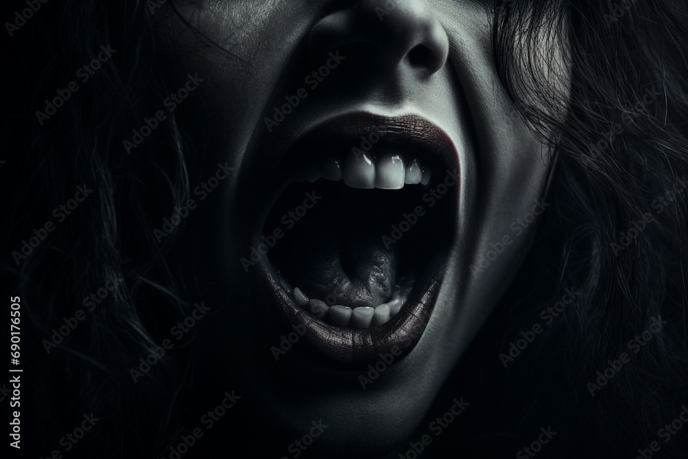 Horror, fine-art, make-up and fashion concept. Abstract and surreal screaming woman close-up portrait. Model face covered with futuristic fabric. Black and white image