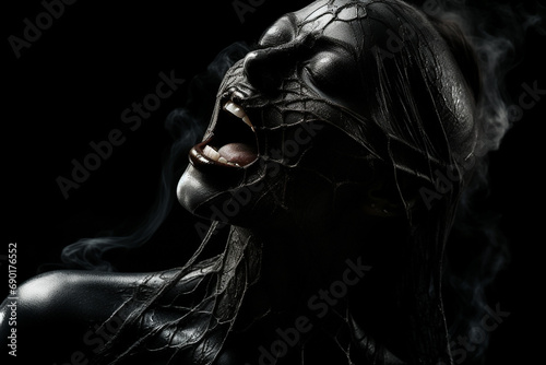 Horror  fine-art  make-up and fashion concept. Abstract and surreal screaming woman close-up portrait. Model face covered with futuristic fabric. Black and white image