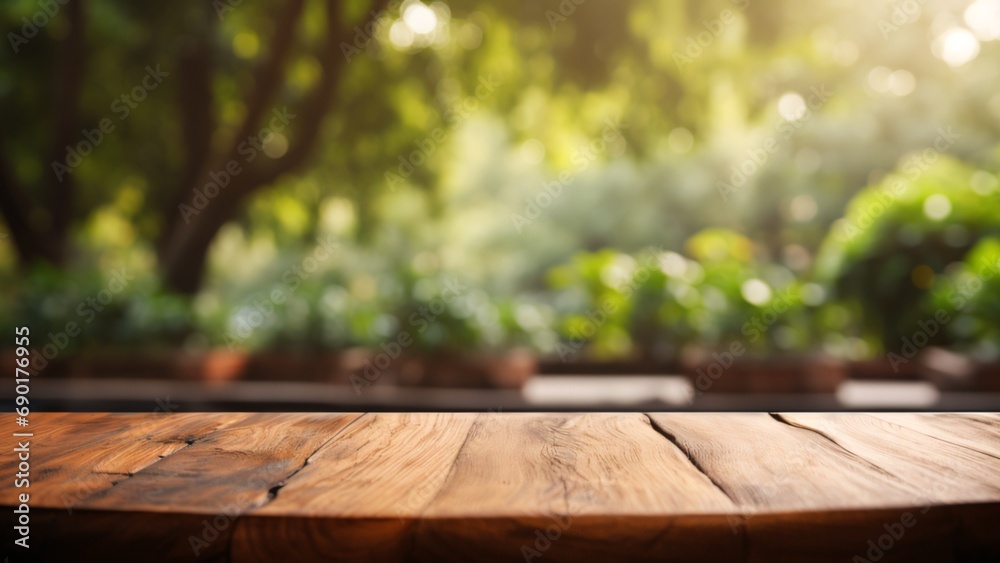Rustic Elegance on Wooden Table - Product Commercial, Natural Background Blur, Empty Wooden Tabletop Rustic Elegance on Wooden Table - Product Commercial, Natural Background Blur, Empty Wooden Tabletop