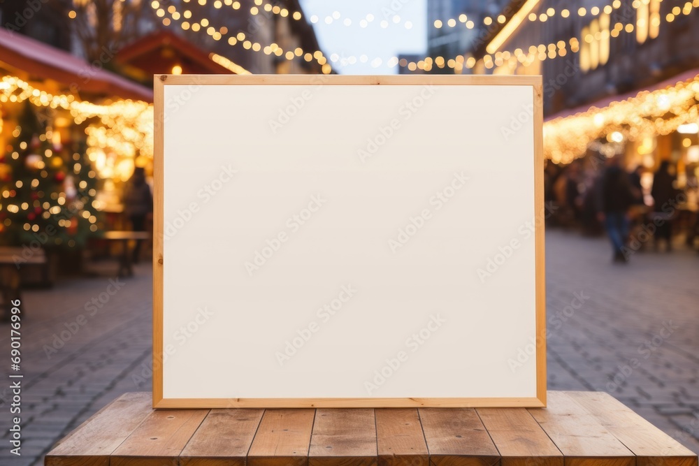 blank wooden sign hanging on christmas market close up blank wooden sign hanging on christmas market close up