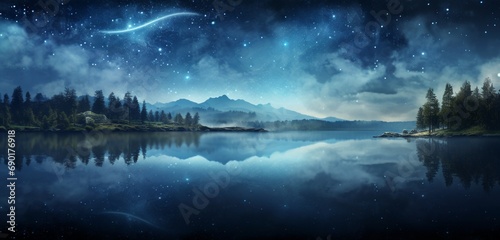 A tranquil lake in an indigo frame with a sparkling glitter background,