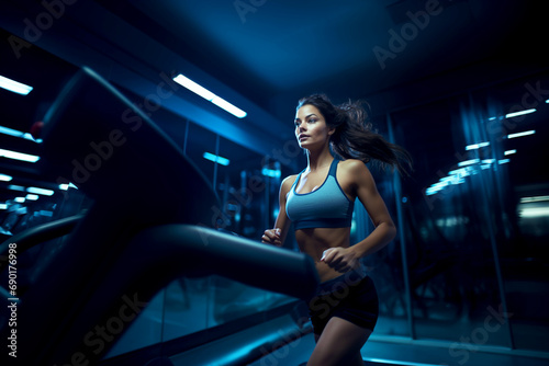 Athletic young woman jogging on a treadmill in the gym