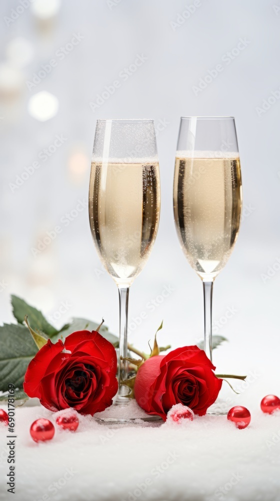 Close-up of romantic scene of two glasses of champagne and red roses on snow. Bokeh light background. Close-up of romantic scene of two glasses of champagne and red roses on snow. Bokeh light background.