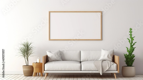 copy space  stockphoto  minimalist cozy healing living room blank frame mockup. Beautiful simple view on a couch and table. Black frame available for random text. Living room mock up.