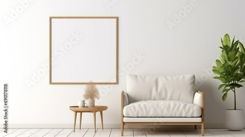 copy space, stockphoto, minimalist cozy healing living room blank frame mockup. Beautiful simple view on a couch and table. Black frame available for random text. Living room mock up.