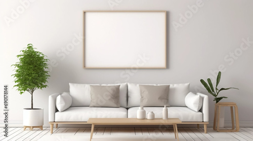 copy space  stockphoto  minimalist cozy healing living room blank frame mockup. Beautiful simple view on a couch and table. Black frame available for random text. Living room mock up.