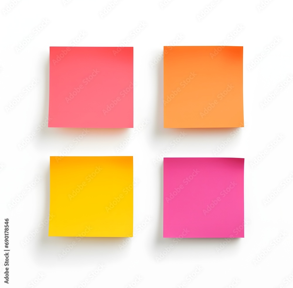 four different colored post it notes on a white background, vibrant cartoonish