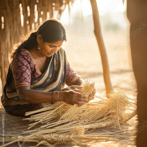 indian woman weaving rope from straw. photo