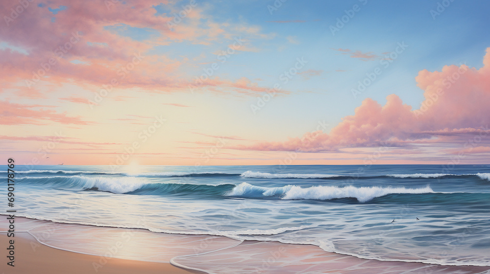 Serene beach scene at sunrise with calm waves and pastel skies, AI Generated