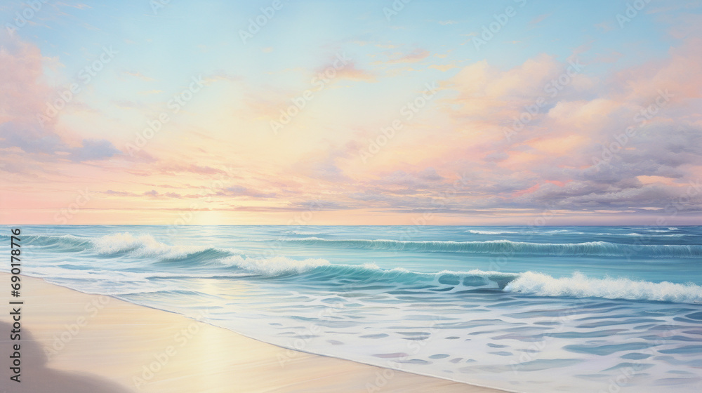 Serene beach scene at sunrise with calm waves and pastel skies, AI Generated