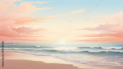 Serene beach scene at sunrise with calm waves and pastel skies  AI Generated