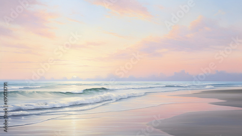 Serene beach scene at sunrise with calm waves and pastel skies, AI Generated © Shining Pro