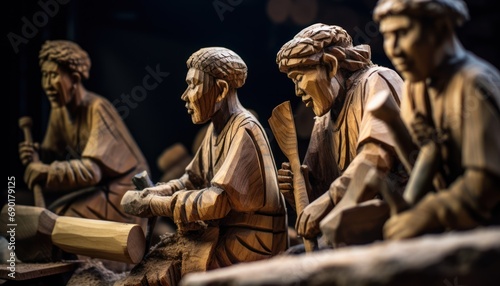 Wooden Sculptures Depicting Men Engaged in Woodworking
