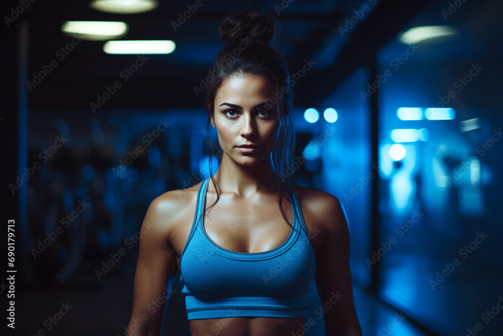Athletic woman posing in dark gym with blue backlight