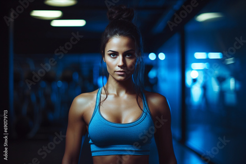Athletic woman posing in dark gym with blue backlight © Magic Kiddo