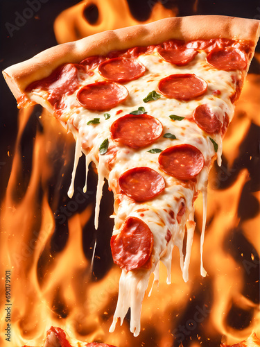 Pizza on a fire with flames on a black background close-up