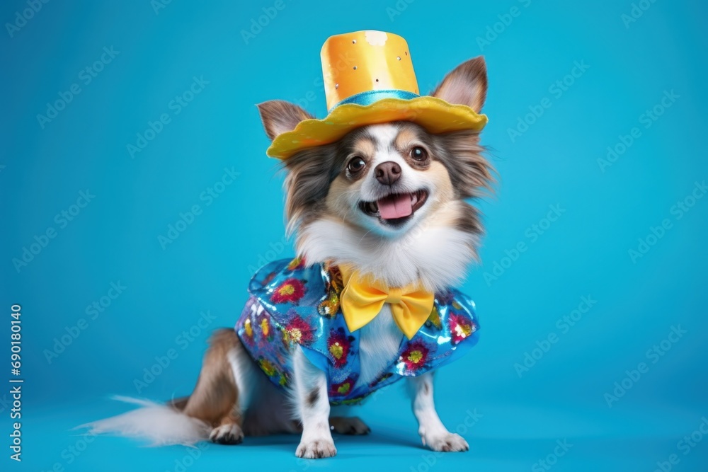 Cute dog in carnival costume, blue background. Generative AI