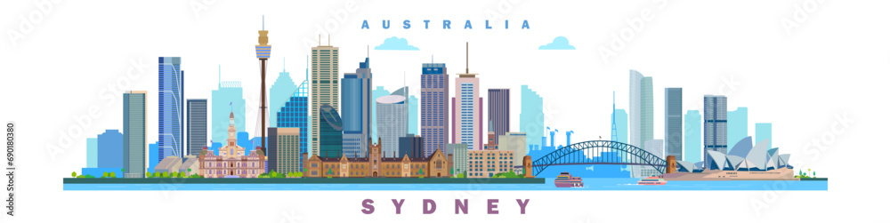 Sydney city landmarks vector illustration on white background, Australia