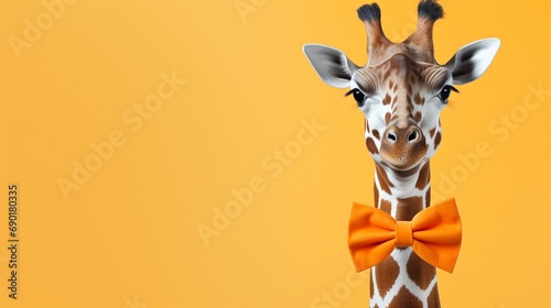 A whimsical, polka-dotted giraffe with a bowtie, standing tall on a white canvas, creating a fun and amusing copy space