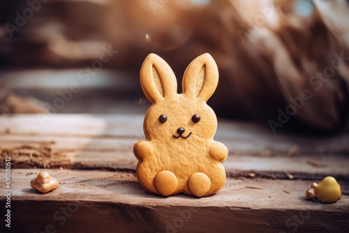 Rabbit shaped cookie illustration, easter holiday concept, wooden background. Generative AI photo