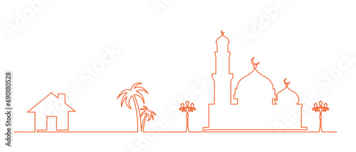 Islamic background for eid mubarak al fitr or adha with isra miraj laylatul qadar, house, mosque, palm tree, lantern, line art continue, isolated on white background eps 10 