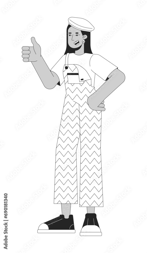 Middle eastern funky girl thumb up black and white 2D line cartoon character. Young adult woman wearing 80s retro clothes isolated vector outline person. Nostalgia monochromatic flat spot illustration