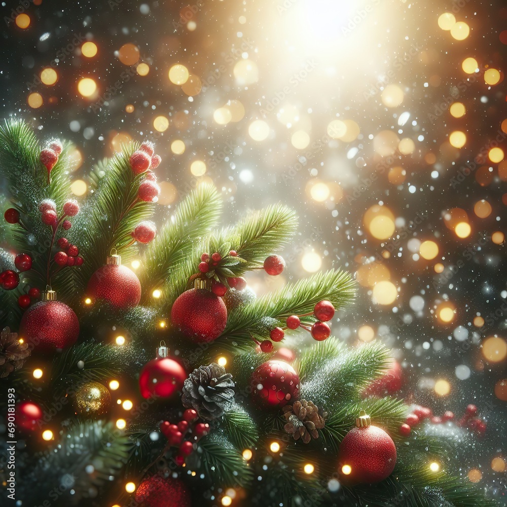 Christmas Tree With Ornaments In red And Bokeh Lights - Real Fir Branches With Glittering In Abstract Defocused Background - This Image Contain 3d Rendering Elements Christmas Tree With Ornaments In red And Bokeh Lights - Real Fir Branches With Glittering In Abstract Defocused Background - This Image Contain 3d Rendering Elements