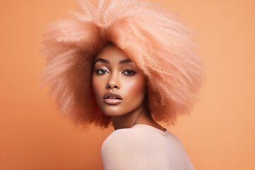 Crédence de cuisine Pantone 2024 Peach Fuzz close up portrait of a black woman with peach fuzz color afro on a pastel peach background studio shot  © World of AI