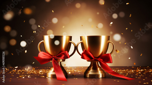 Gold cups and red ribbon isolated on white background