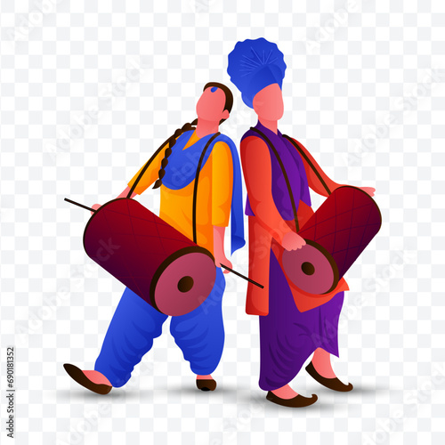 Vector illustration Punjabi couple dancing bhangra with dhol in PNG Background. Happy Lohri.