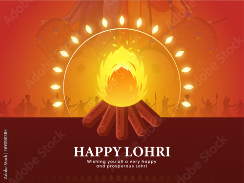 Happy Lohri vector illustration bonfire design on traditional background. Banner, poster and web header design.