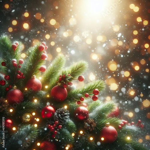 Christmas Tree With Ornaments In red And Bokeh Lights - Real Fir Branches With Glittering In Abstract Defocused Background - This Image Contain 3d Rendering Elements