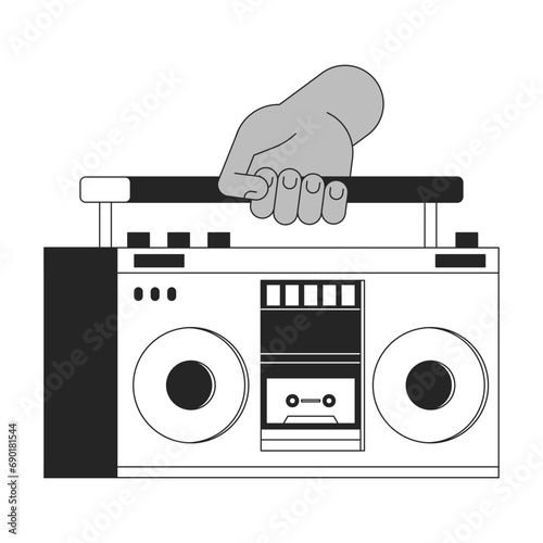 Holding audio boombox cartoon human hand outline illustration. Carrying boom box 2D isolated black and white vector image. Oldfashioned equipment with tape cassette flat monochromatic drawing clip art