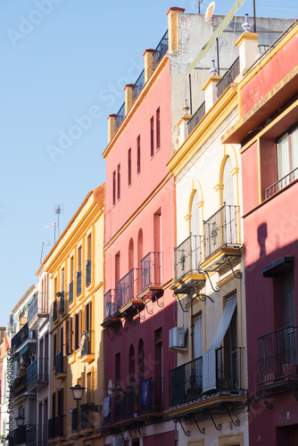 Colorful buildings in the famous Triana neighborhood of Seville. Colorful facades in the Triana district. Colorful neighborhood of Seville.