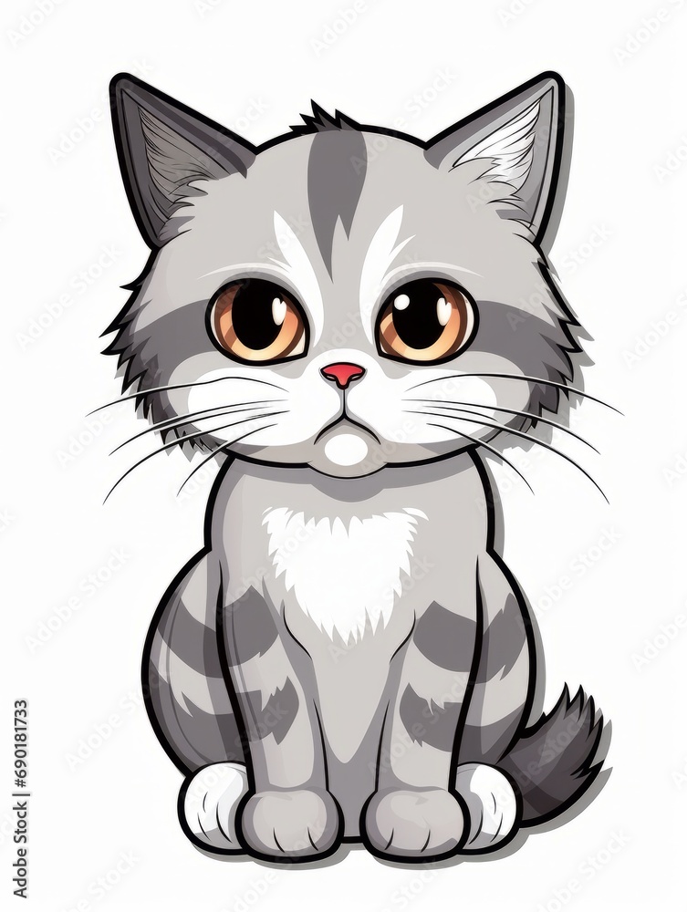 Cartoon sticker upset kitten on white background isolated, AI